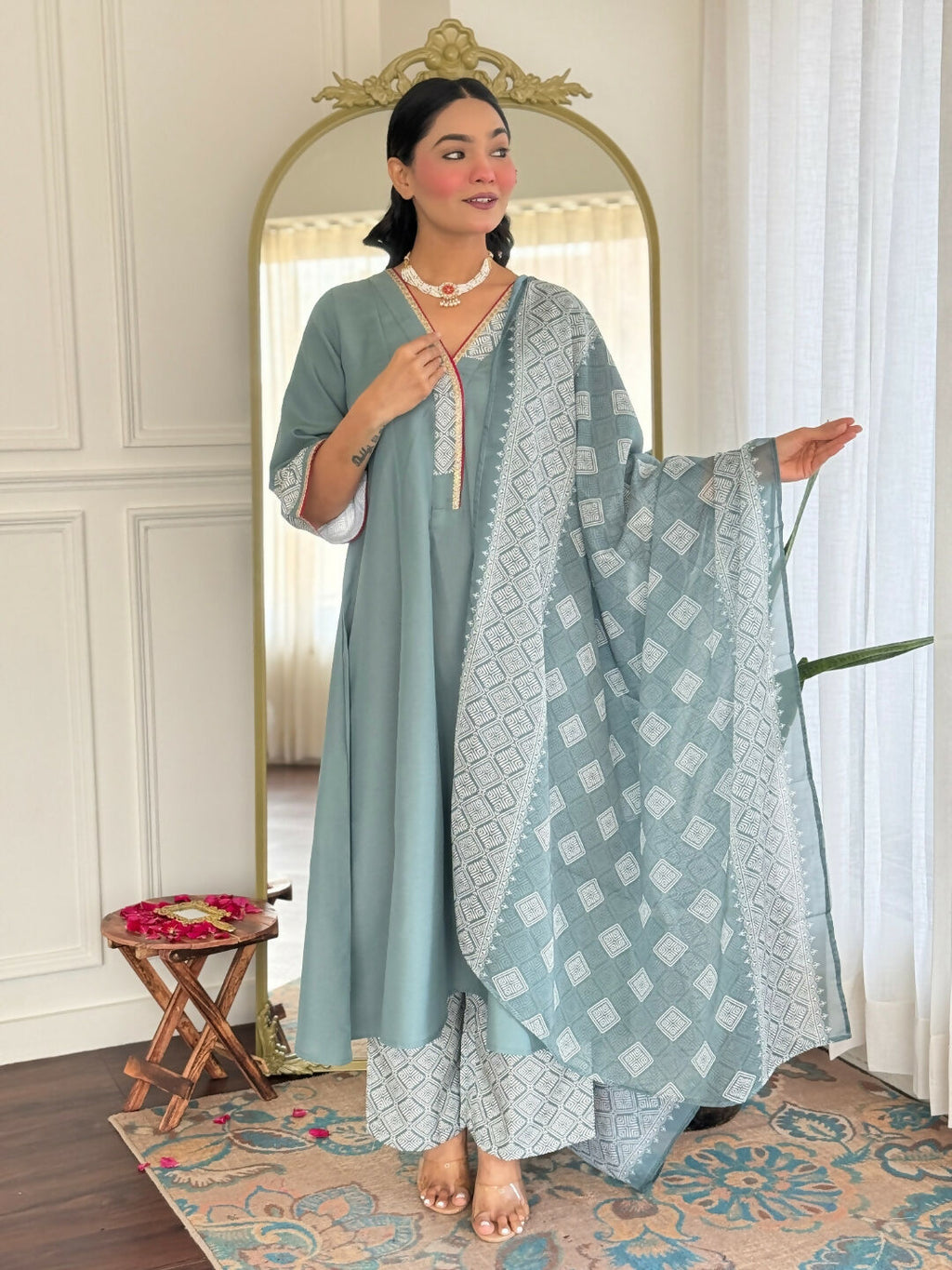 The52 Women's Beautiful Rayon Fabric Embroidery Work A-Line Kurta Pant and Dupatta Set - Distacart