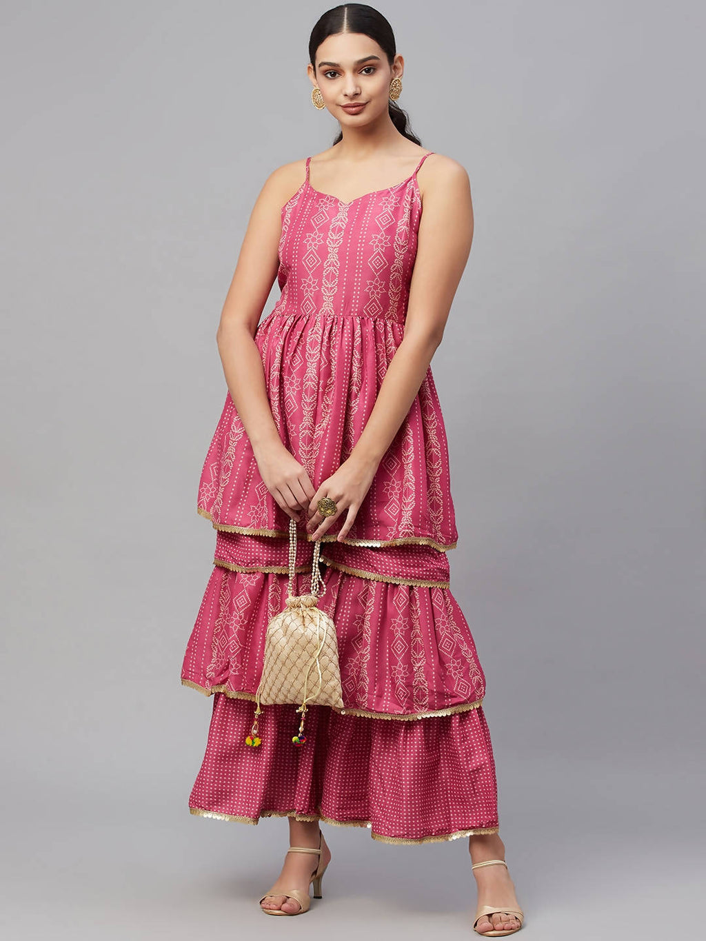 Myshka Pink Printed Sleeveless V Kurti Sharara Set - Distacart