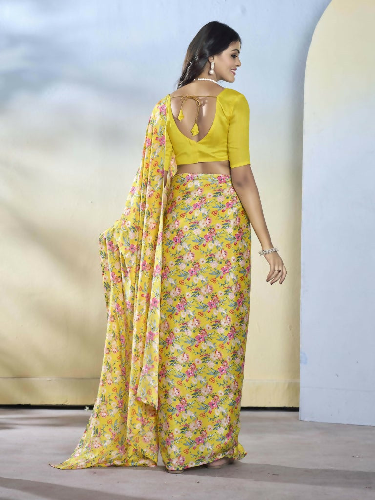 Yellow Georgette Designer Printed Ready to Wear Saree - Samyana