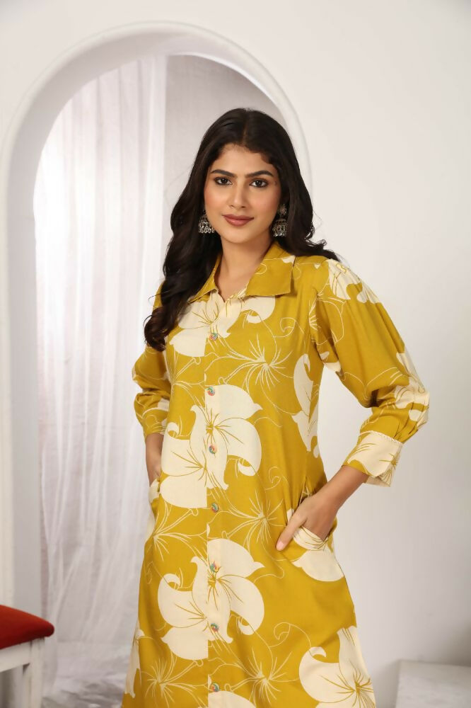 Jyoti Fashion Women's Mustard Rayon Floral Print with Side Pocket Kurtis & Sets