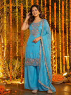 Joban Fashion Blue Silk Embroidered Sharara Set - Distacart