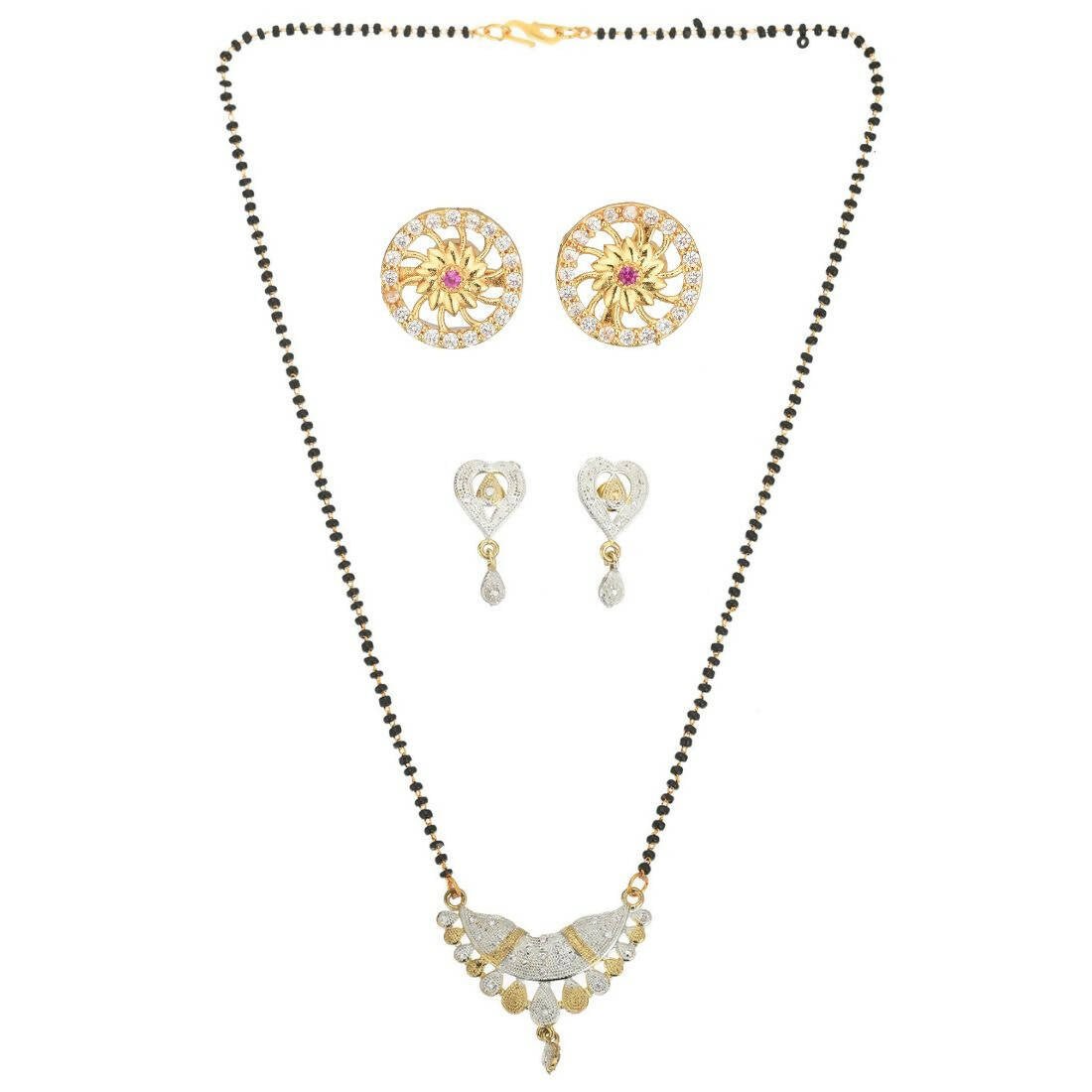 AanyaCentric Gold-Polished Mangalsutra with Pendant, 2 Pair Earrings