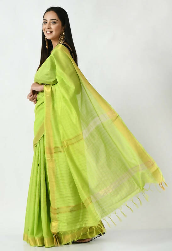 Mominos Fashion Moeza Parrot Green Bhagalpuri Handloom Silk Raj Shree Saree with unstitched Blouse piece - Distacart