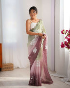 Pista and Wine Crunchy Crush Pedding Color Embroidery Work Party Wear Saree - Zuleika