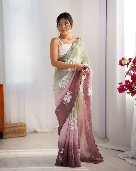Pista and Wine Crunchy Crush Pedding Color Embroidery Work Party Wear Saree - Zuleika