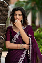 Vastranavya Wine Embroidery Work Shimmer Chiffon Saree with Unstitched Blouse - Distacart