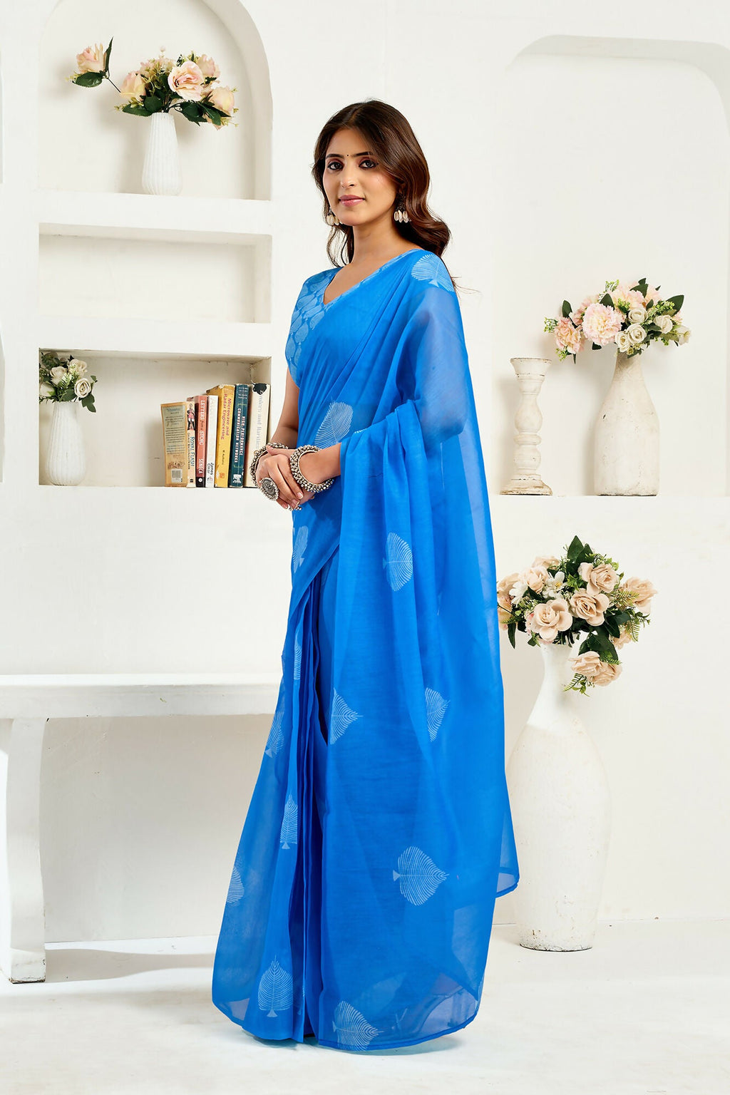 Vastranavya Blue Digital Printed Linen Ready To Wear Designer Saree with Unstitched Blouse - Distacart