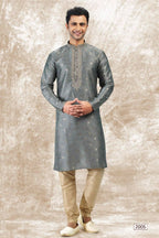 Raivat Ethnic Jacquard Silk Brocade Thread Work Kurta Pajama In Grey Colour