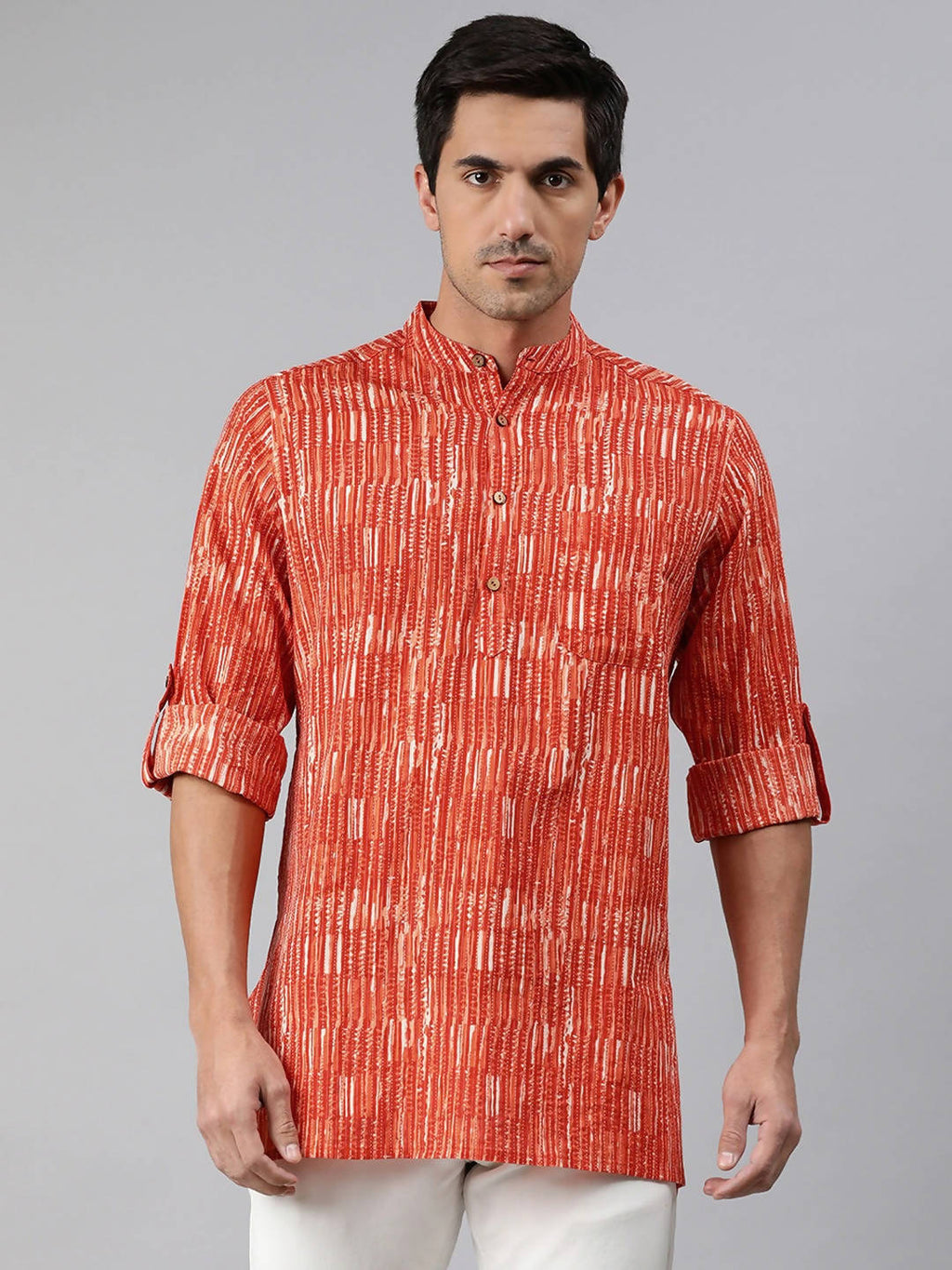 Janasya Men Orange & White Striped Kurta - Distacart