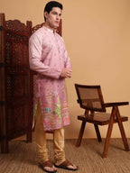 Pink Cotton Printed Chikankari Embroidery Work Kurta - Mahotsav