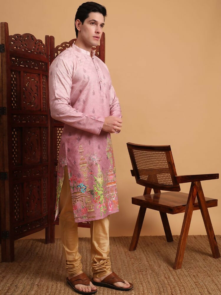 Pink Cotton Printed Chikankari Embroidery Work Kurta - Mahotsav