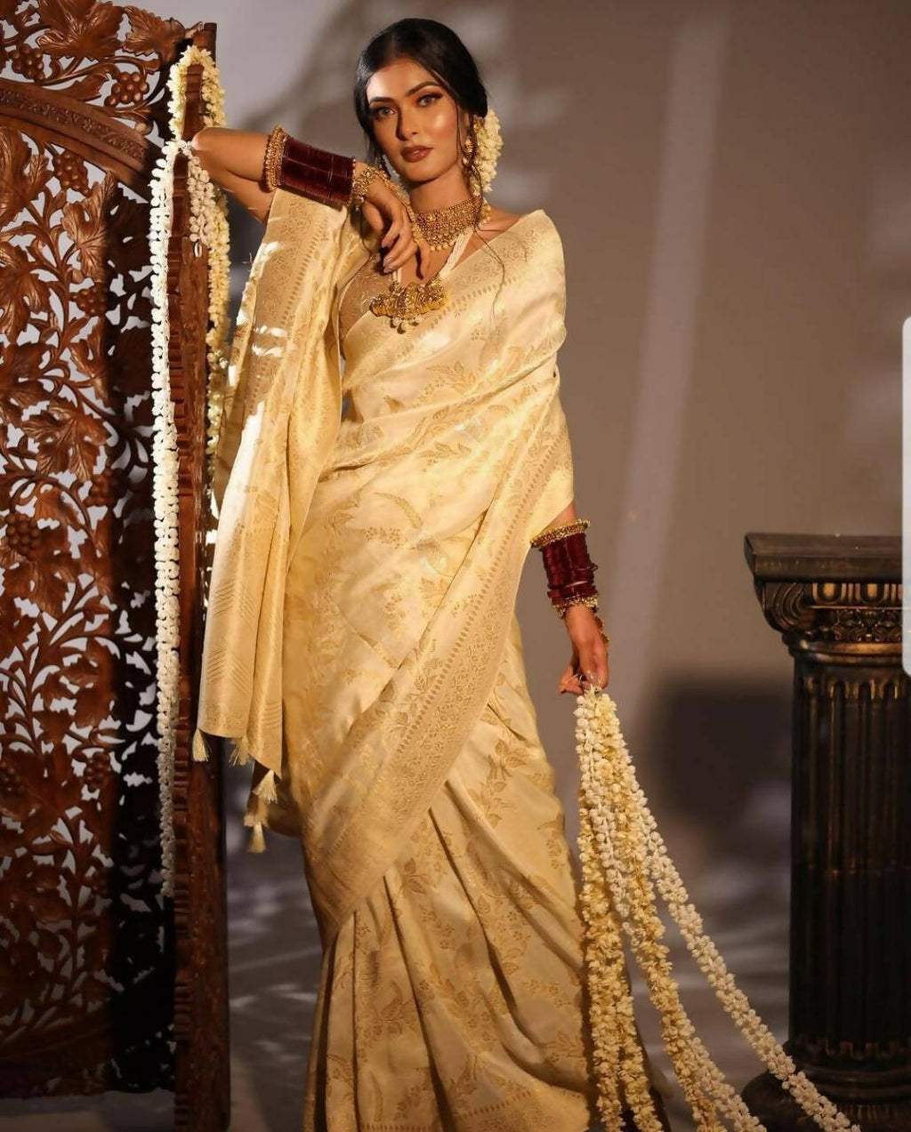 DEIANA'S Beautiful Designer Golden zari Soft Lichi Silk Saree - Cream