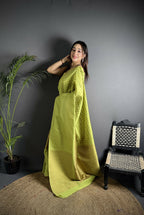 Joban Fashion Light Green Banarasi Soft Lichi Silk Checks & Woven Saree - Distacart