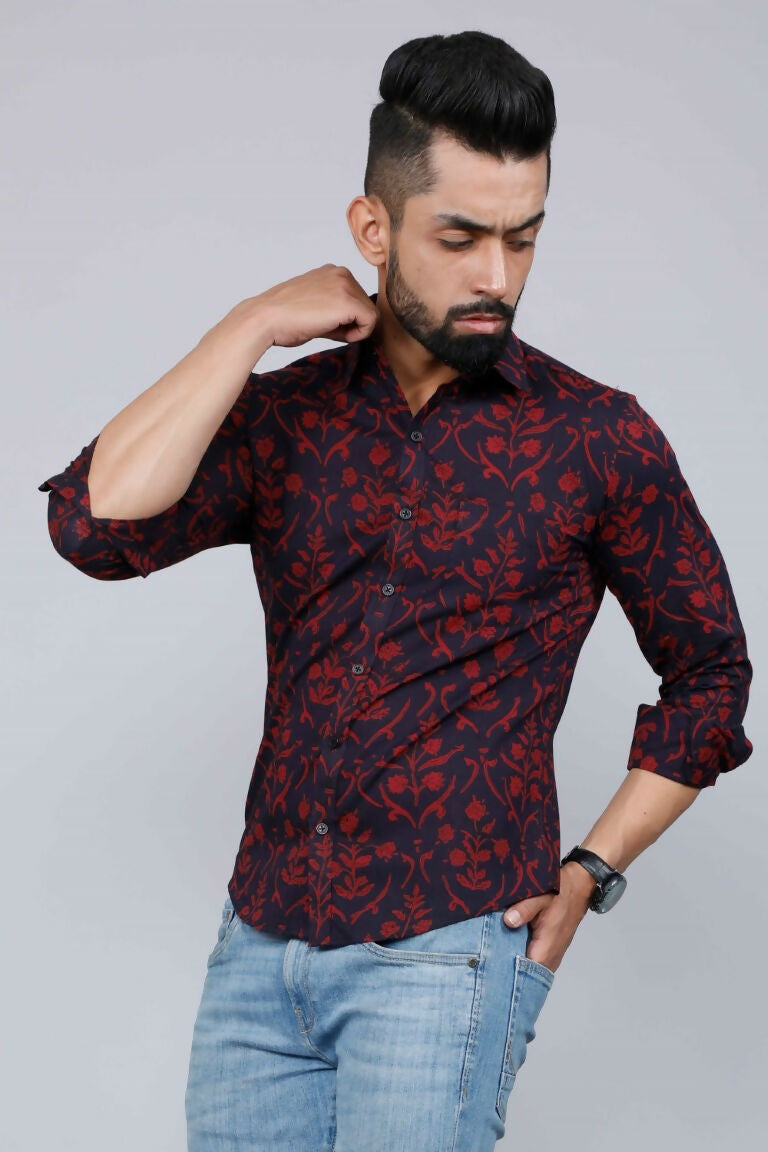 Miravan Men's Maroon Floral Printed Casual Full Sleeves Cotton Shirt