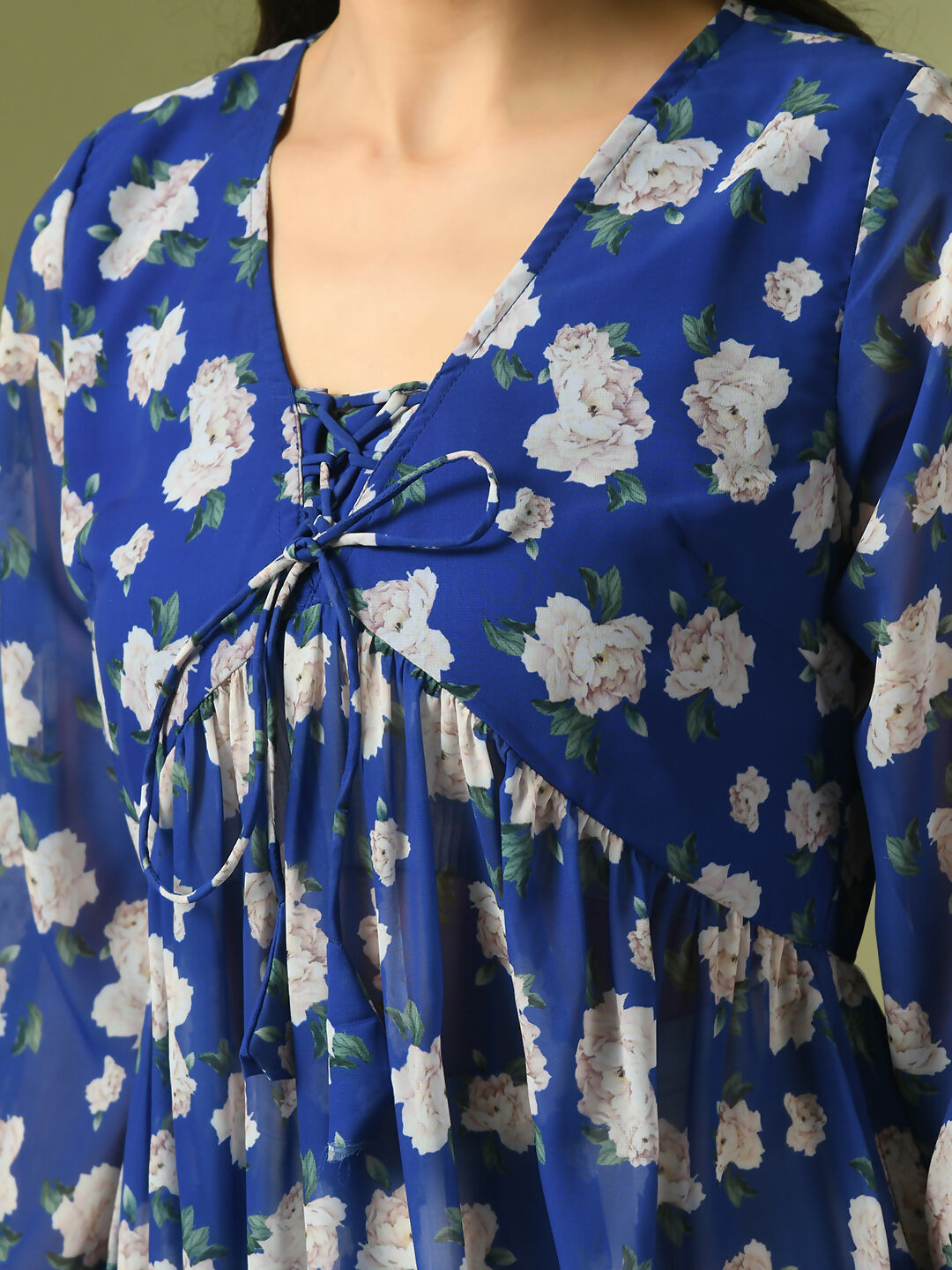 Myshka Women's Blue Printed Georgette A-Line Nyra-cut Kurta
