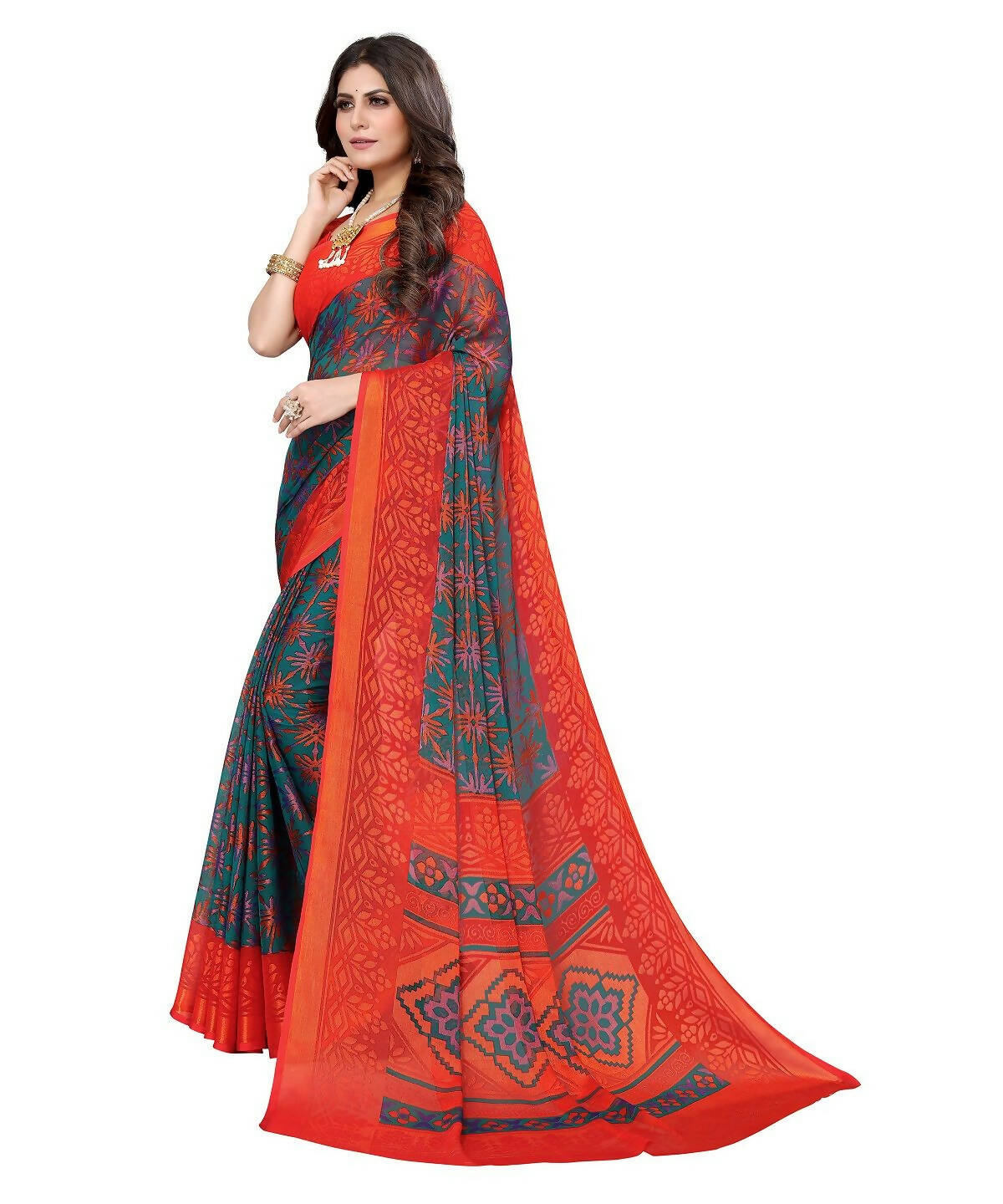 Vamika Rama Green Chiffon Brasso Bollywood Style Woven Saree (DEVINA RAMA) - Distacart