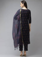 Yufta Women Navy Blue Ethnic Motifs Printed Regular Thread Work Kurta with Palazzo & With Dupatta