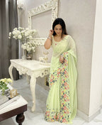 Green Shimmer Silk Multi Thread Sequence Embroidery Work Saree - Kashta