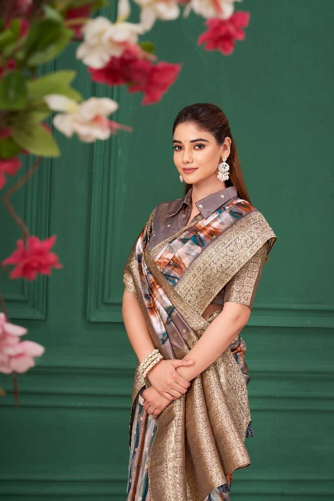 Lilac Purple Tussar Silk Jacquard Abstract Digital Print Saree with Unstitched Blouse - Mohira