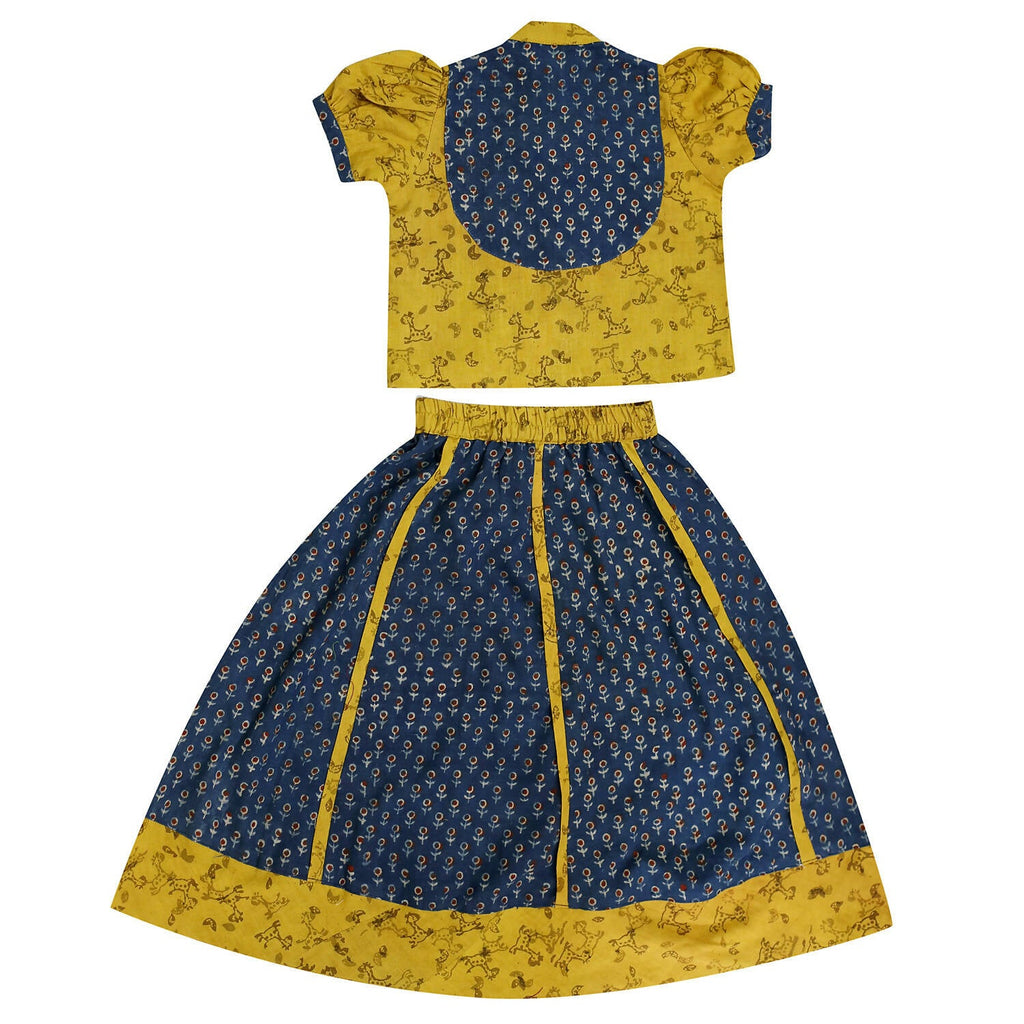 Mhyssa Block Printed Blue Ghagra Choli With Stand Collar & Puff Sleeves Set