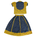 Mhyssa Block Printed Blue Ghagra Choli With Stand Collar & Puff Sleeves Set