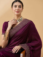 Purple Silk Blend Embroidered Saree with Unstitched Blouse - Vairagi