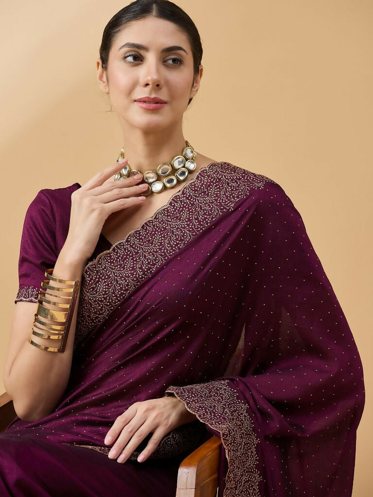Purple Silk Blend Embroidered Saree with Unstitched Blouse - Vairagi