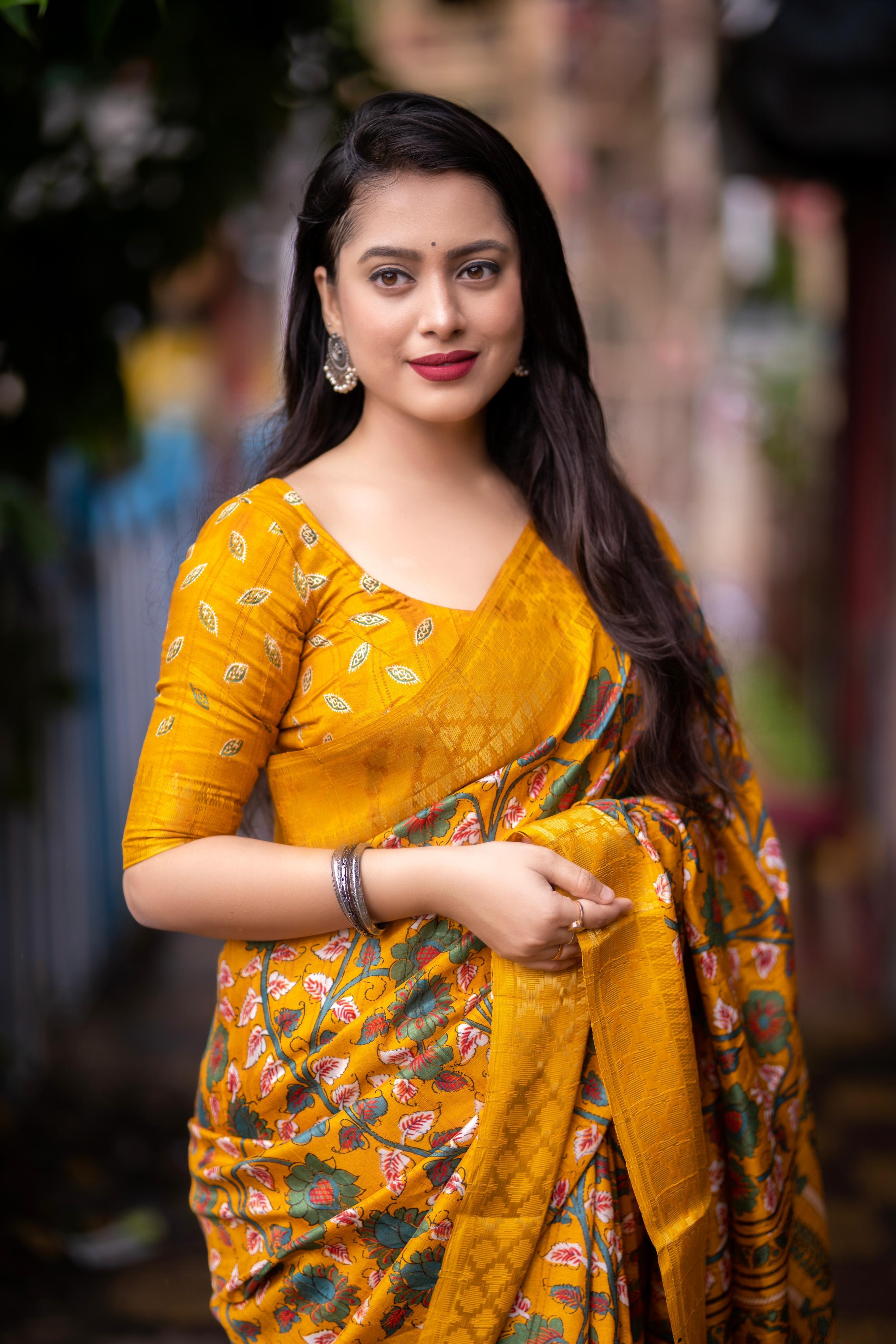 Mustard Slub Silk Printed Saree with Unstitched Blouse - Hiral Fashion
