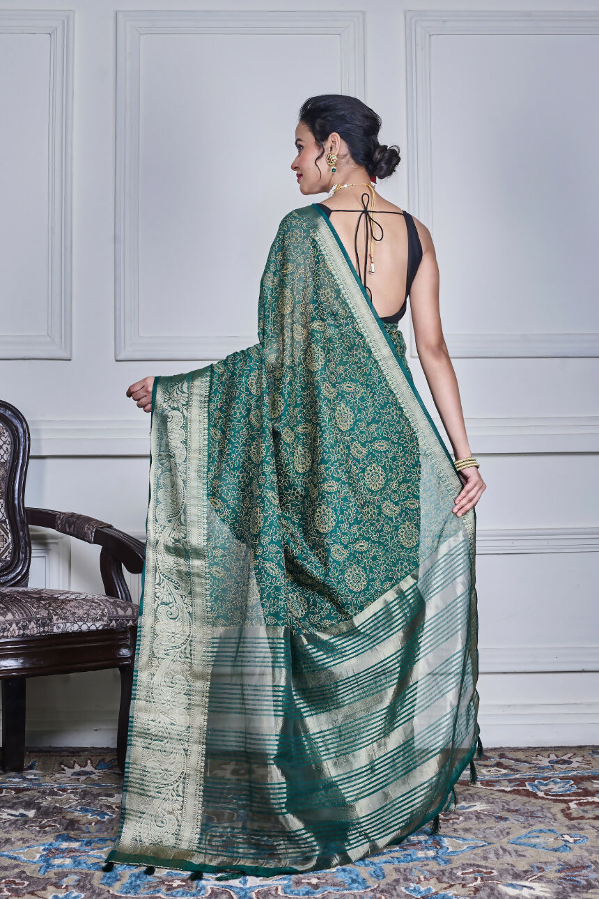 Morchari Green Script Printed Orzanga Saree Unstitched Blouse - Distacart