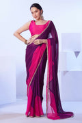 Purple Satin Moss Solid Designer & Lace Work Saree - Samaa