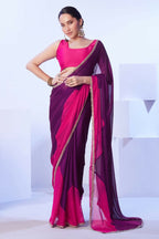 Purple Satin Moss Solid Designer & Lace Work Saree - Samaa