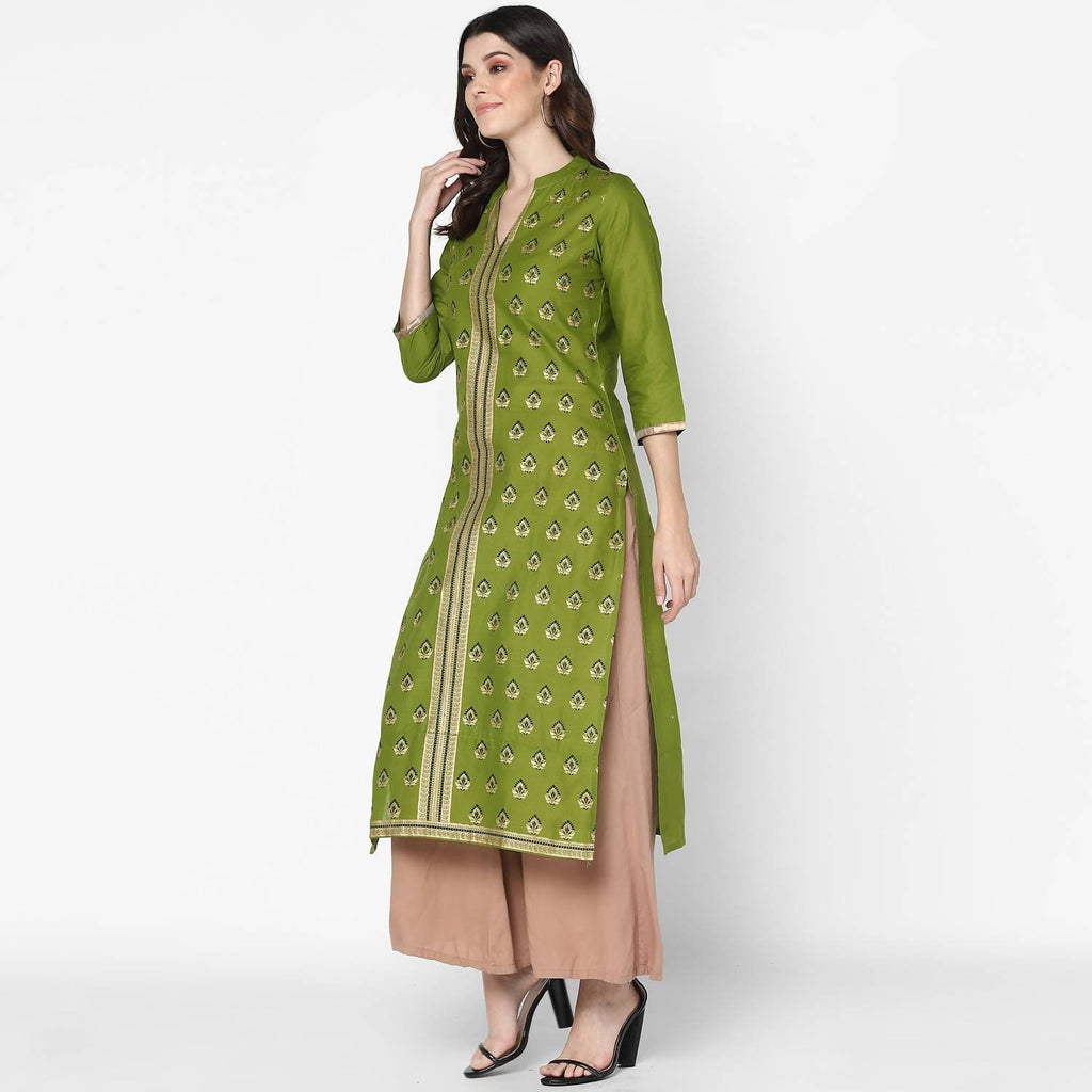 Cheera Hand Block Print Olive Green Straight Kurta (MAAI-044K)