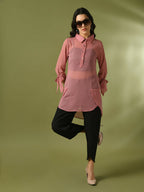 Myshka Women's Pink Solid Georgette Longline Party Sheer Tunic