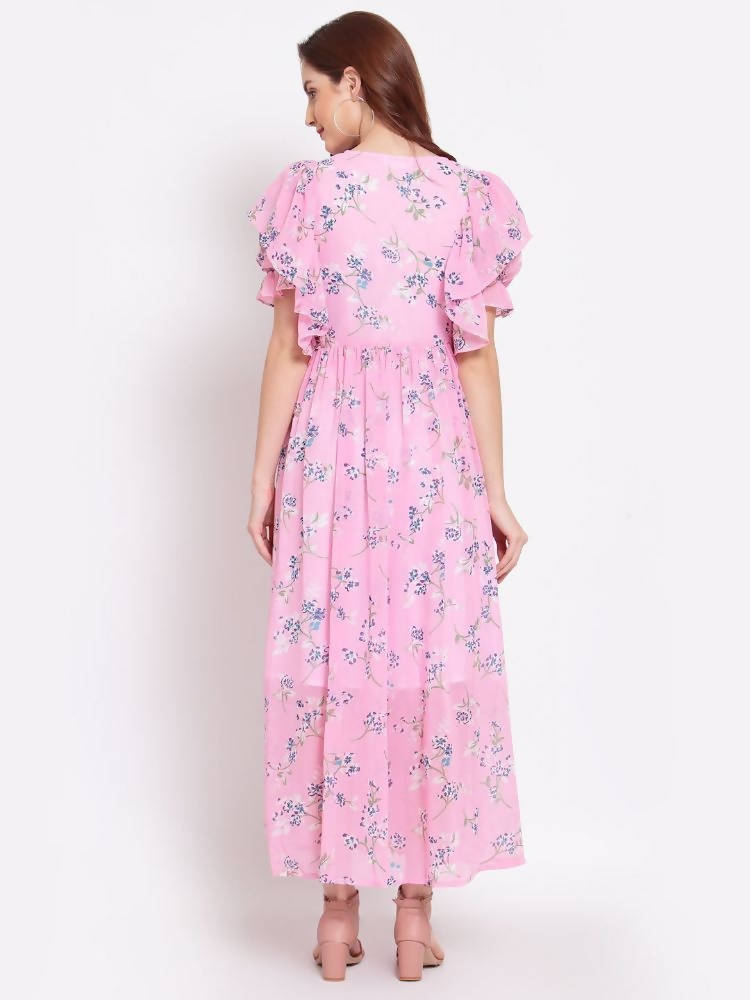 Myshka Women's Pink Printed Georgette Half Sleeve Round Neck Casual Dress