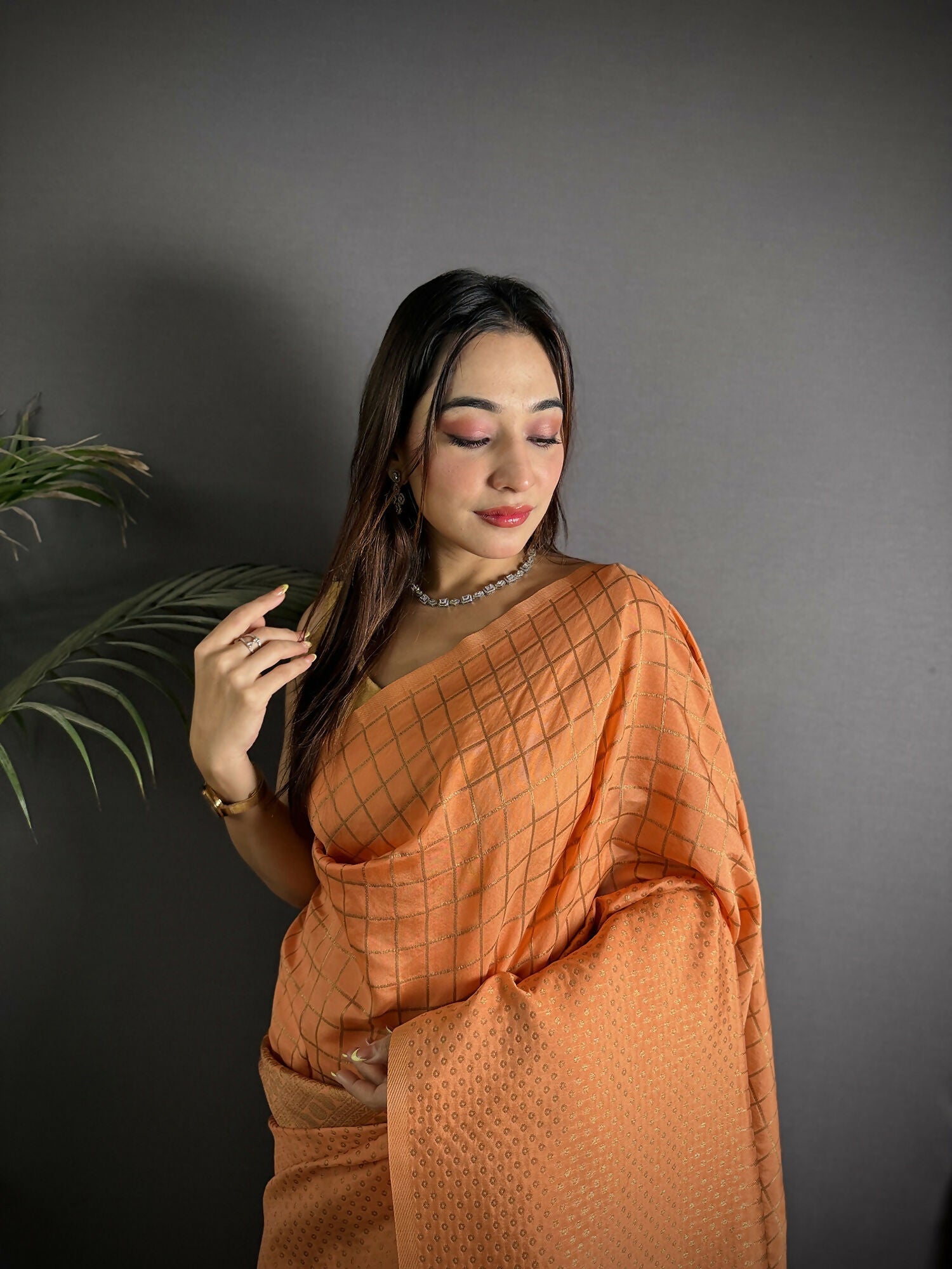 Joban Fashion Orange Banarasi Soft Lichi Silk Checks & Woven Saree - Distacart