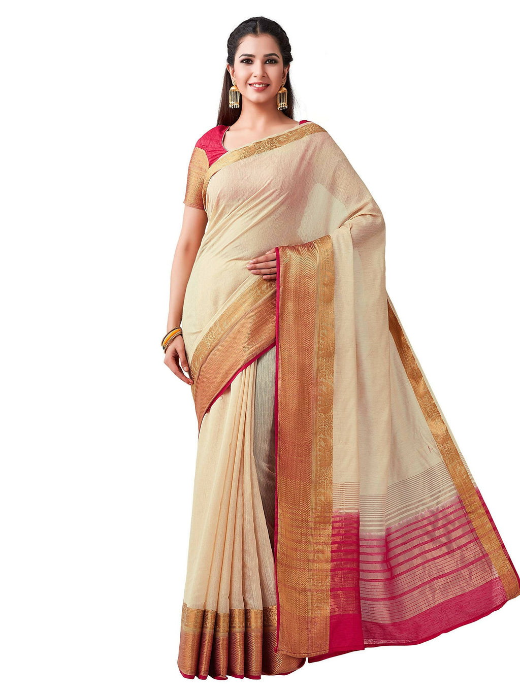 Mimosa Women's Beige Kanchipuram Linen Saree - Distacart