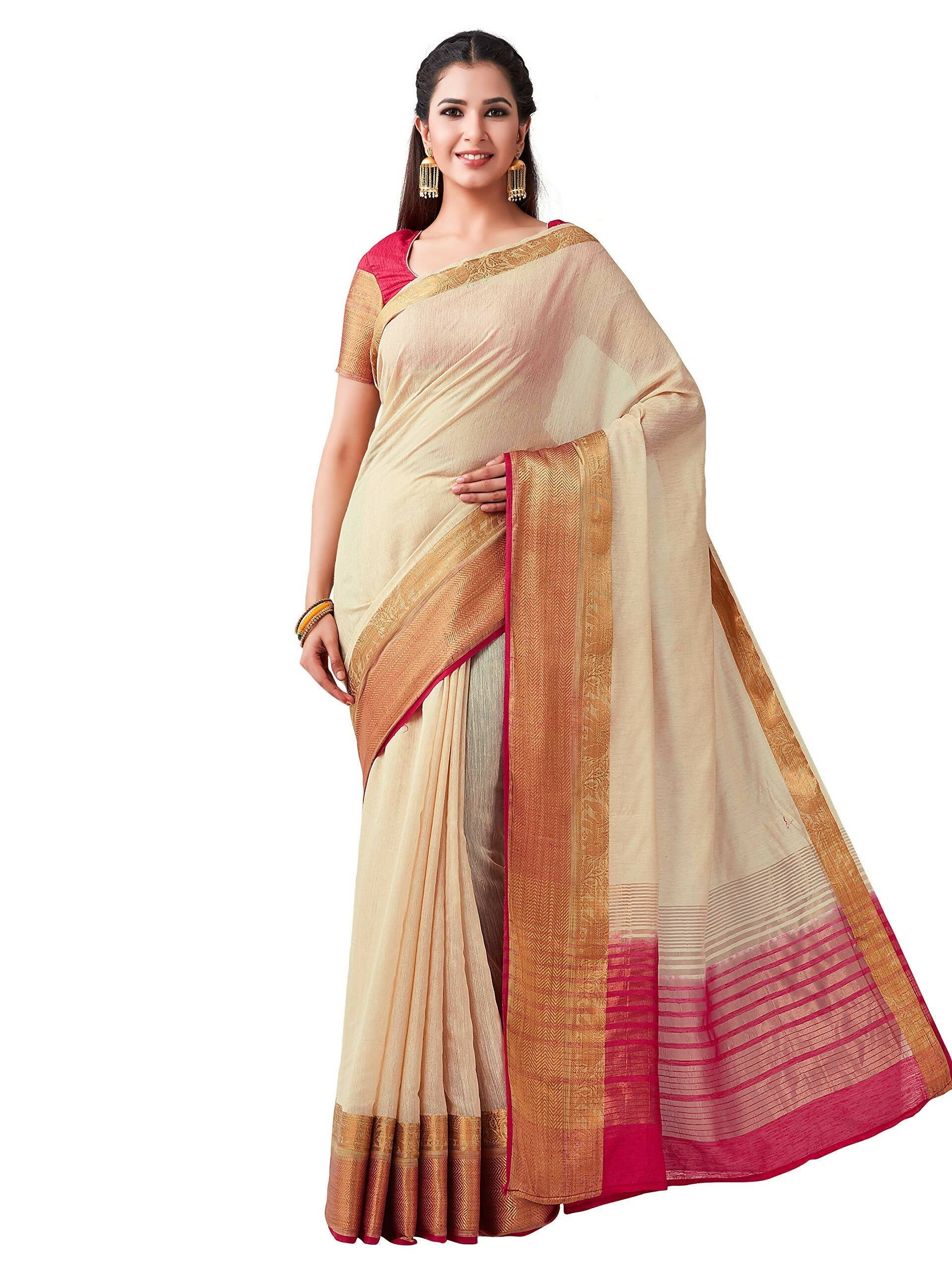 Mimosa Women's Beige Kanchipuram Linen Saree - Distacart