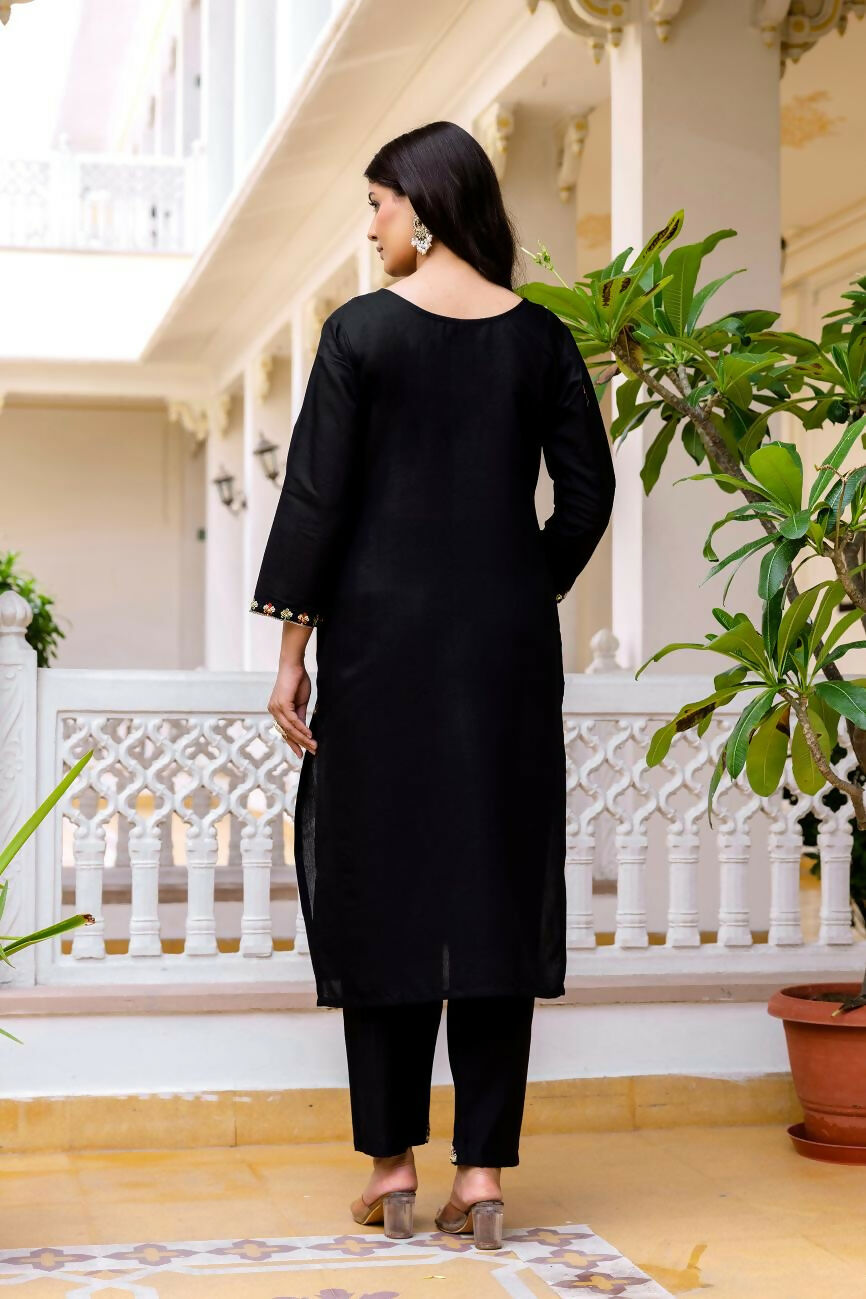 The52 Black Women's Beautiful Viscose Chanderi Fabric Embroidered Work Straight Kurta Pant and Dupatta Set - Distacart