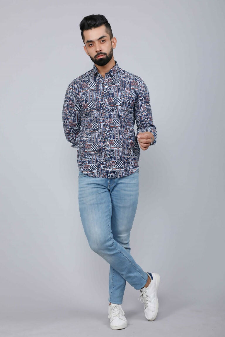 Miravan Men's Blue Floral Print Long Sleeve Casual Shirt