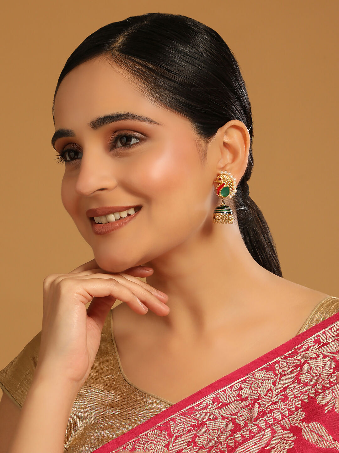 Nuyug 22K Gold Plated Pearls Studded Contemporary Shaped Enamel Jhumkas - Distacart