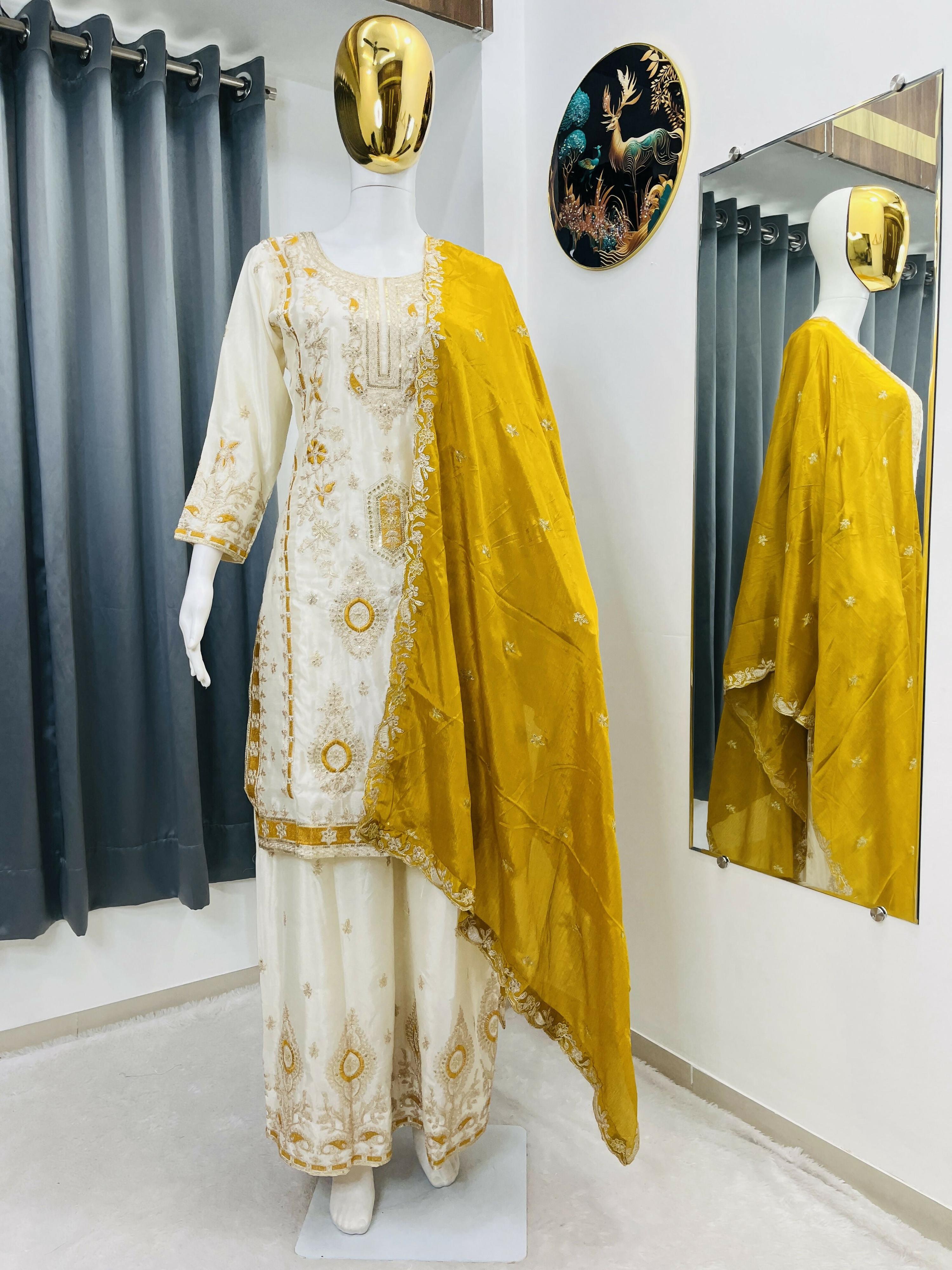 Teeya Creation White Color Chinon Silk Party Wear Trending Palazzo Set - Distacart