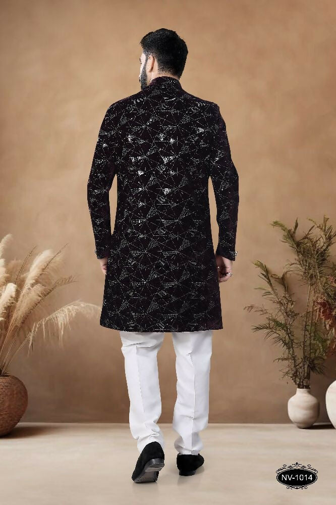 Joban Fashion Men's Wine Straight Velvet Thread & Sequence Embroidery All Over Indo-Western Kurta Set