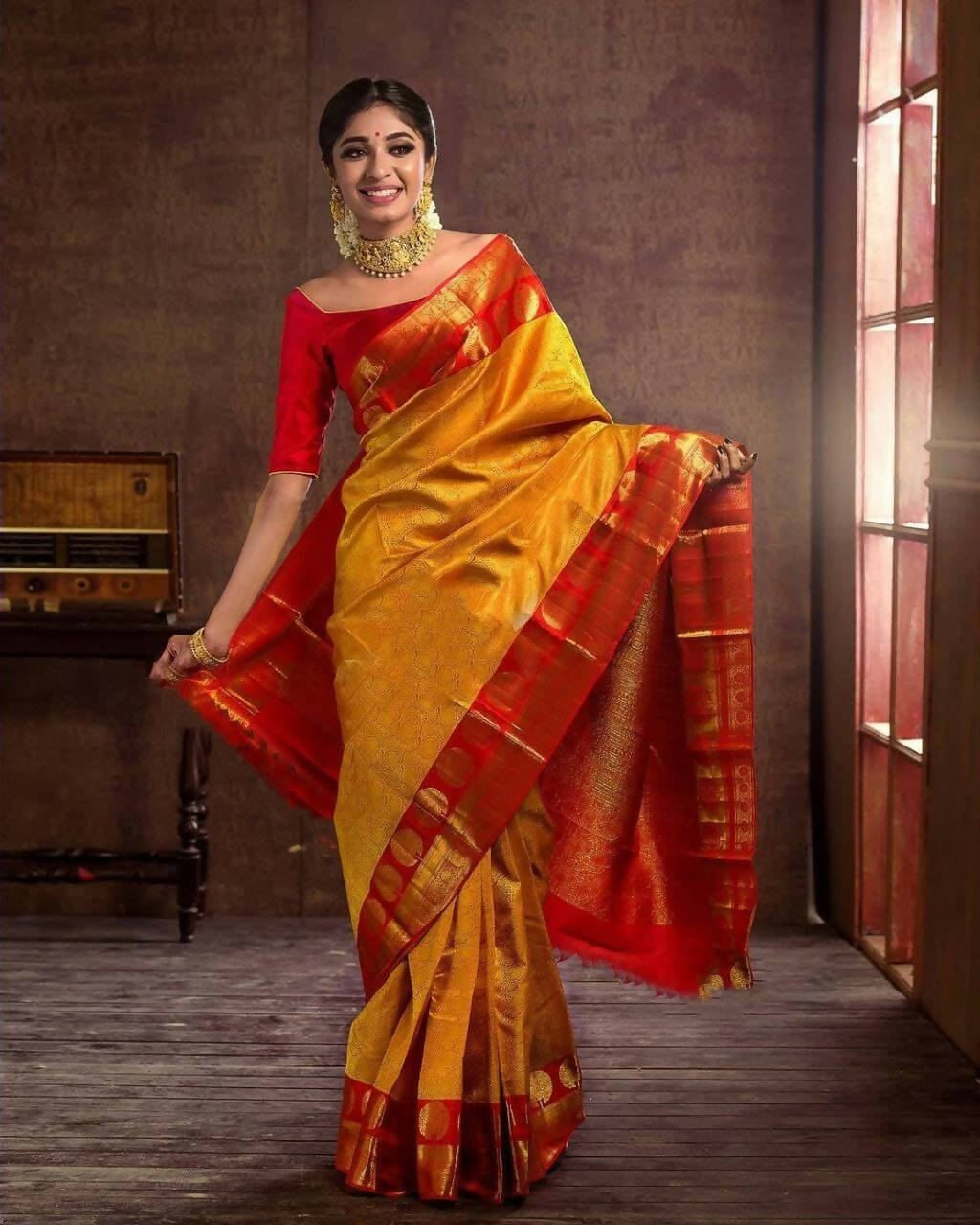DEIANA'S Beautiful Designer Golden zari Soft Lichi Silk Saree - Yellow