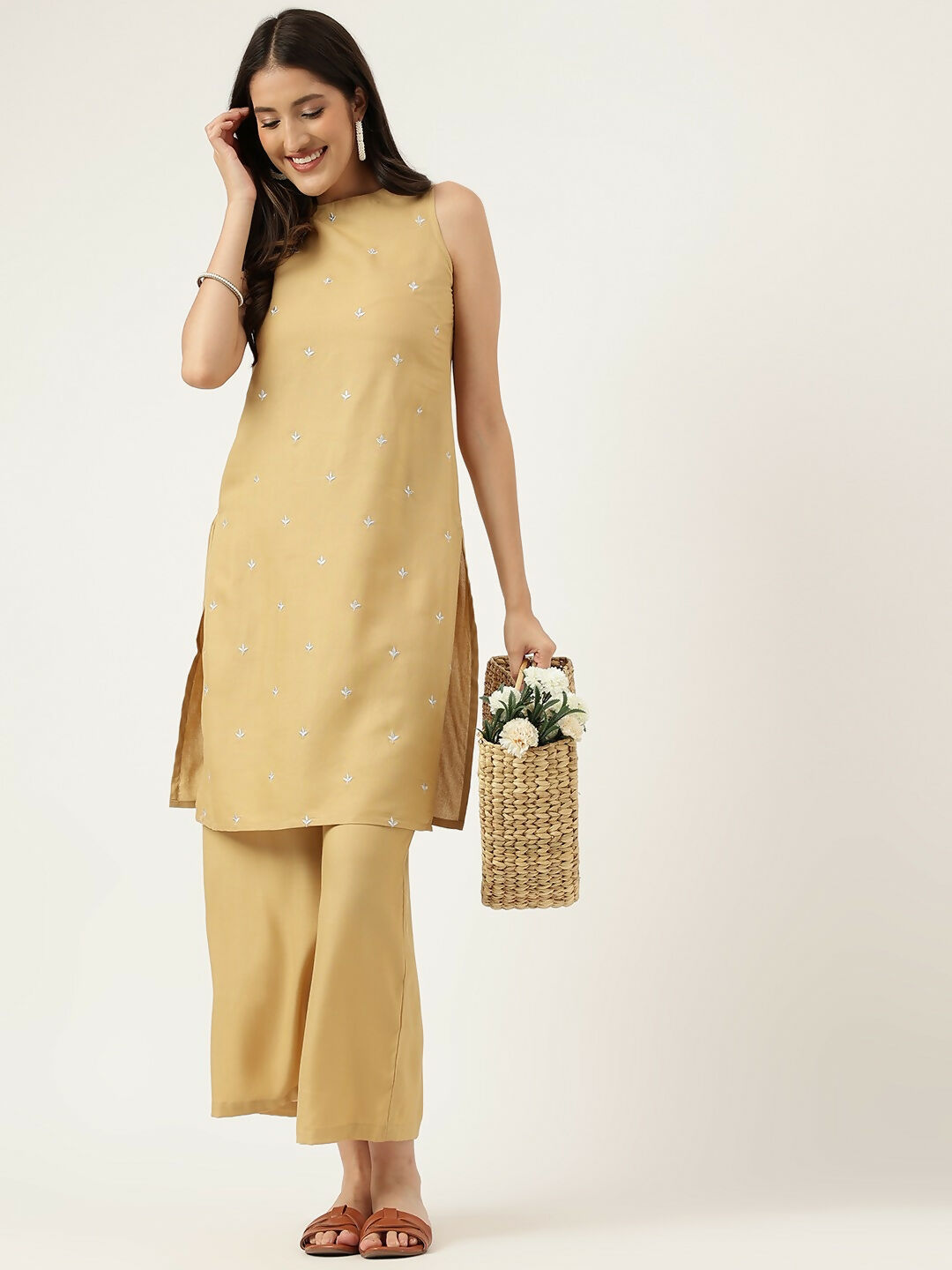 Joban Fashion Beige Rayon and Embroidered Work Straight Kurta Bottom Set