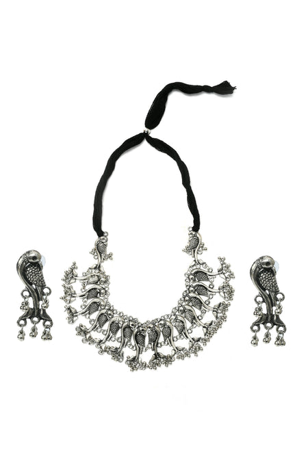 Mominos Fashion Johar Kamal Oxidised Silver-Plated Brass Finish Peacock Choker For Women (Silver)