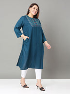 Sztori Plus Size Floral Yoke Design Thread Work Straight Kurta