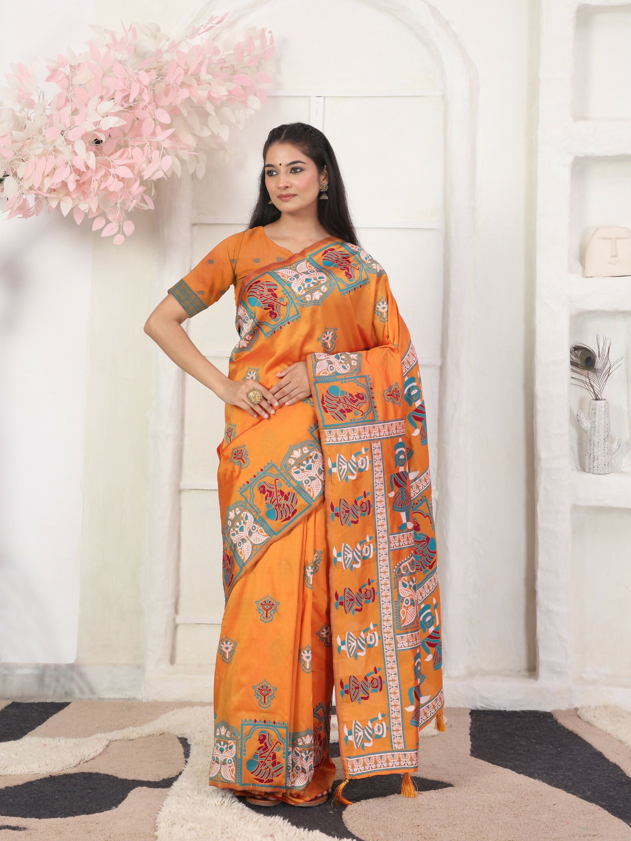Shree Shyam Fashion Silk Blend Orange Saree - Distacart