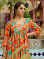 Janasya Orange Cotton Floral Kurta & Bottom