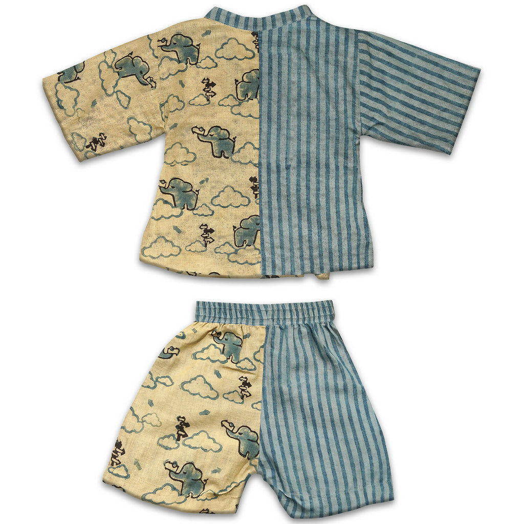 Mhyssa Blue And Beige V Neck Kimono Style Short Sleeve Printed T-shirt With Matching Shorts Set