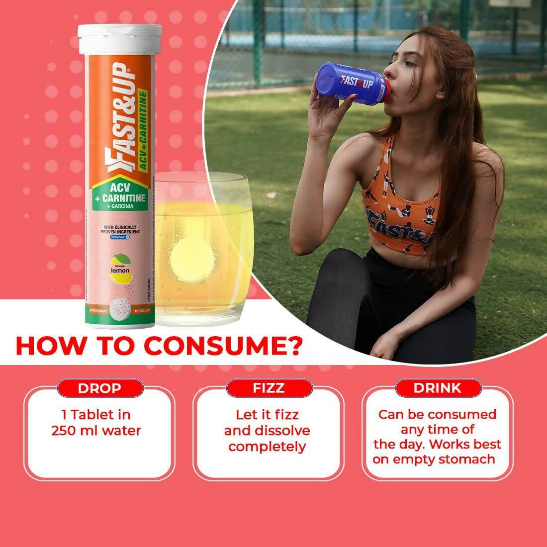 Fast&Up ACV + Carnitine, 500mg ACV , 350mg L-Carnitine, 500mg Garcinia - Lemon Flavour